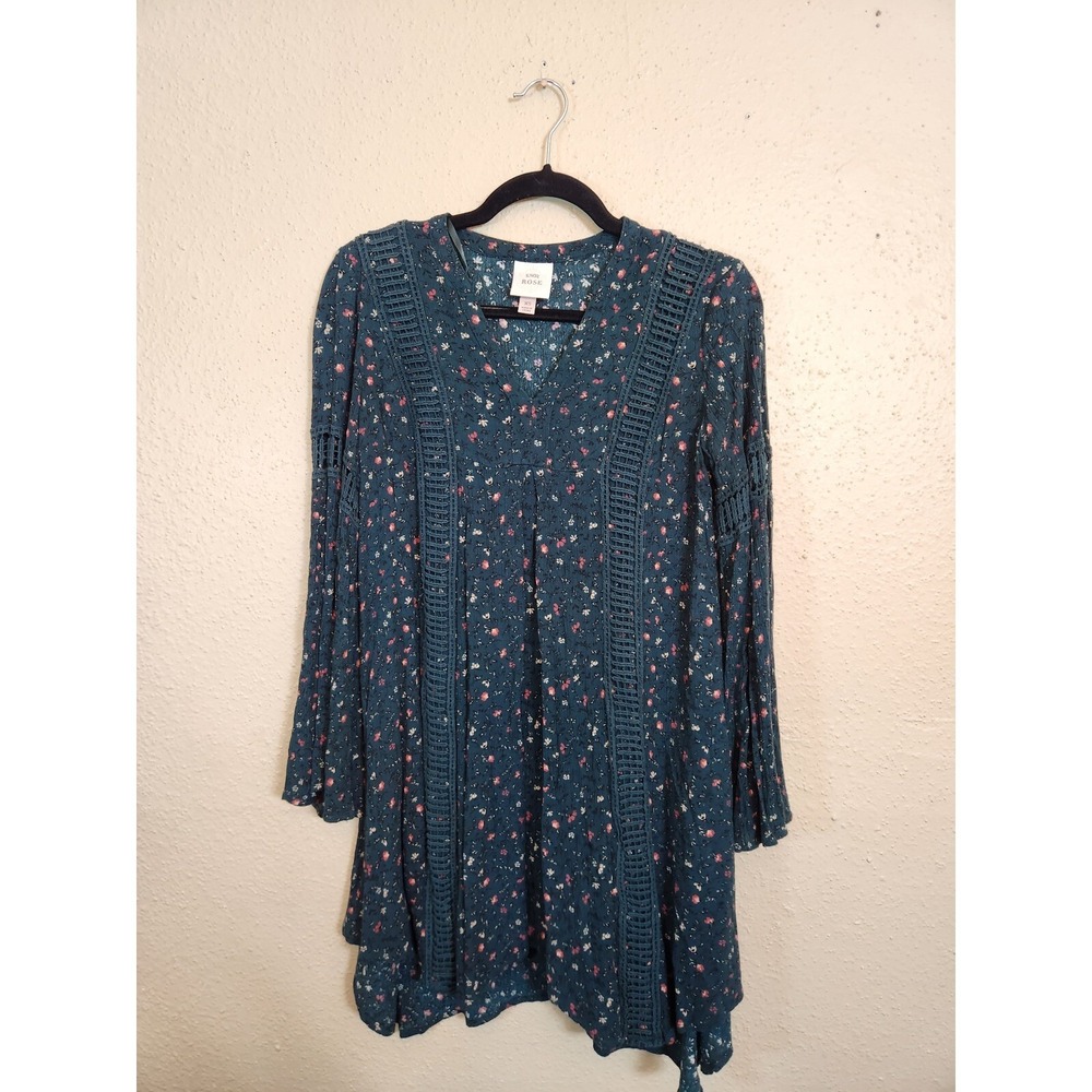 Knox Rose Womens XS Green Floral Mini Dress Crochet Lace Bell Sleeve Boho V-Neck